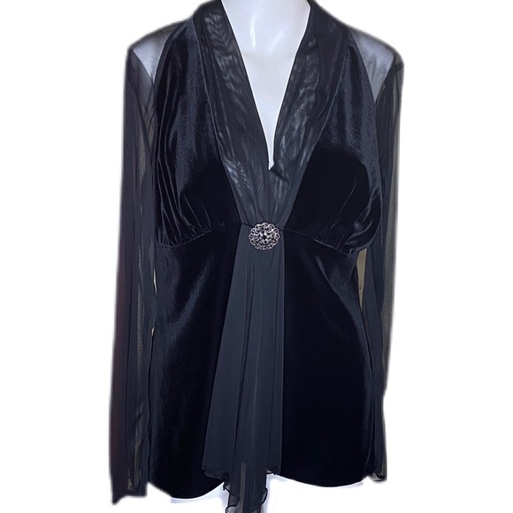 Blu Sage Holiday Blouse Black Sheer Sleeves & Back Velvet Bodice Size L - Picture 2 of 6